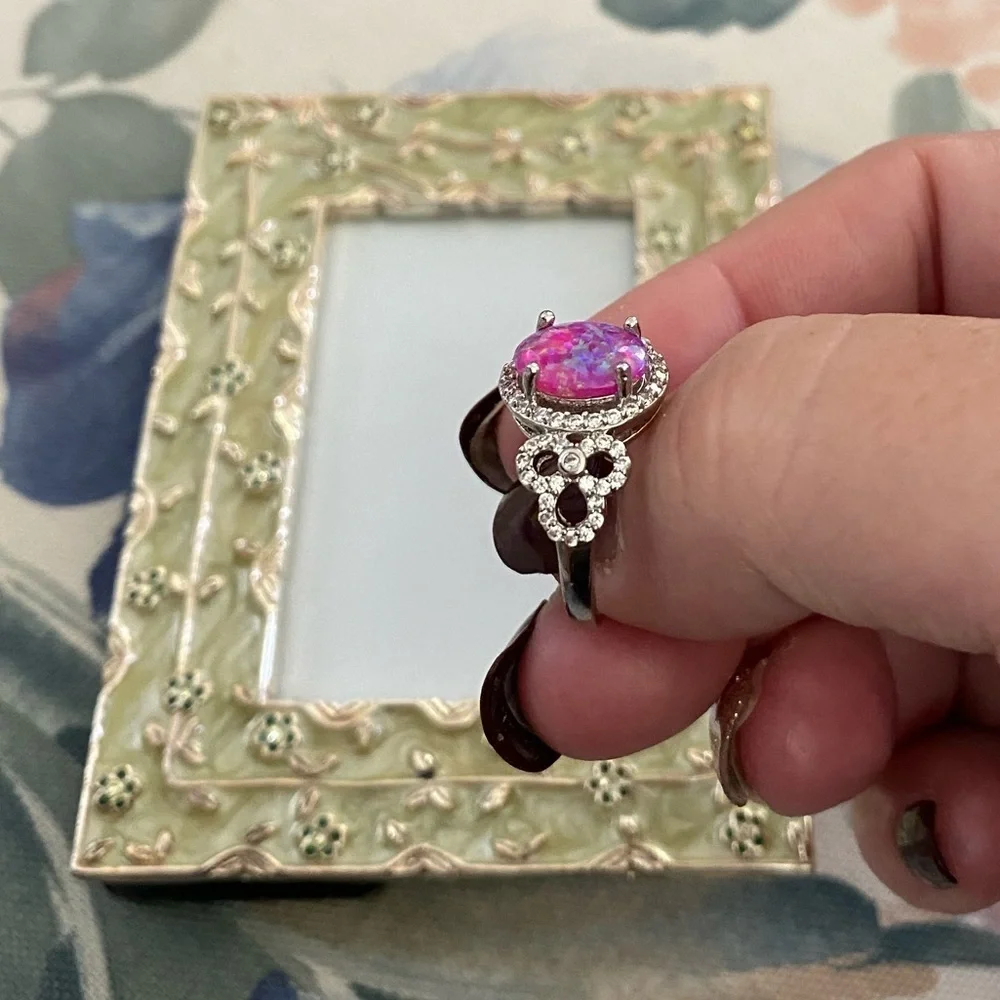 Sterling silver pink opal w/ rhinestones ring, Sz. 7